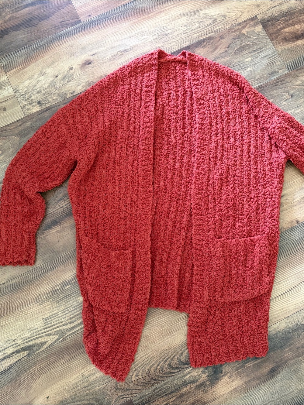 Cozy Open-Front Brick Red Women's Cardigan with Pockets